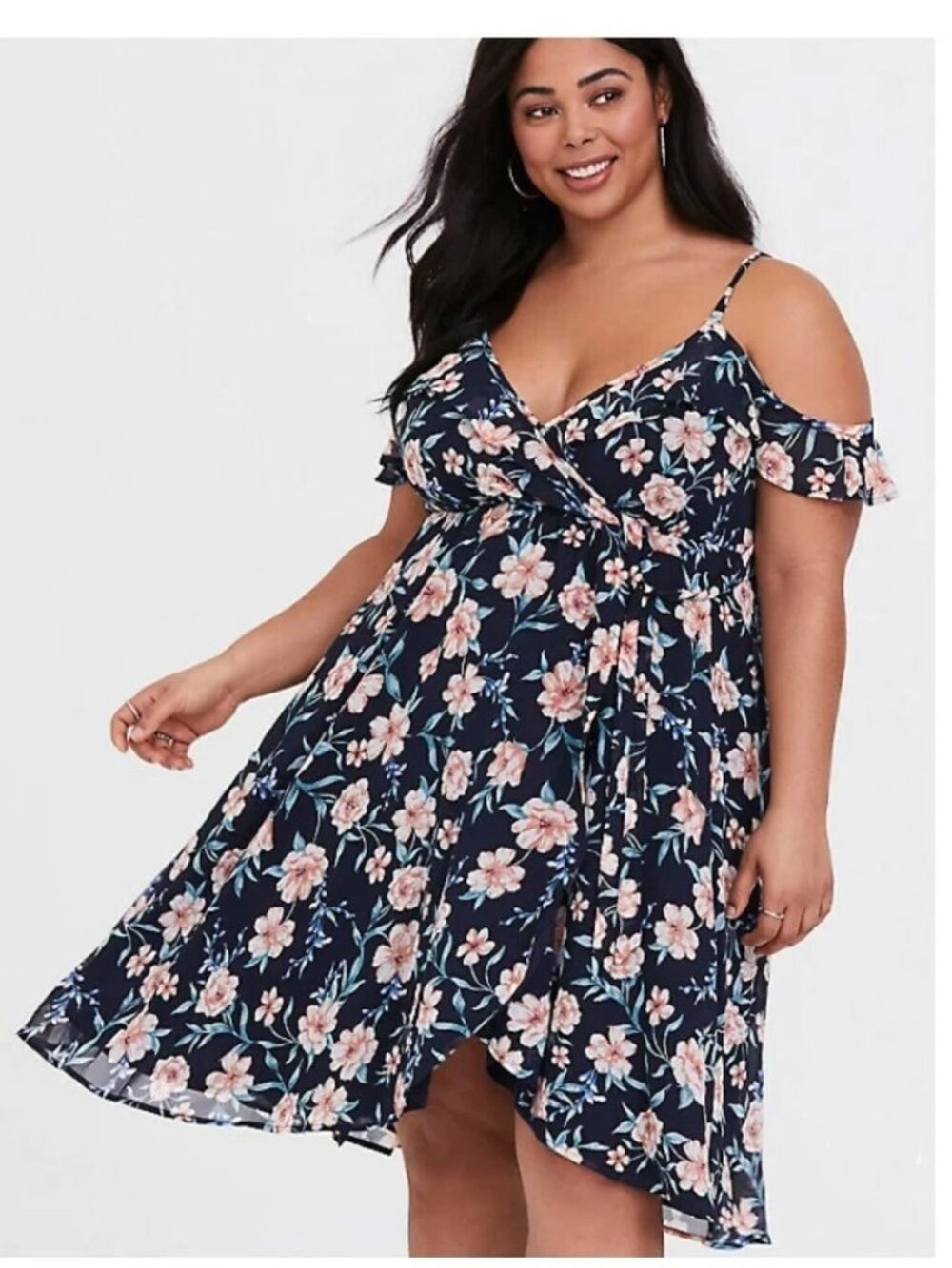 Torrid Navy Floral Cold Shoulder Chiffon Wrap Dress 2X